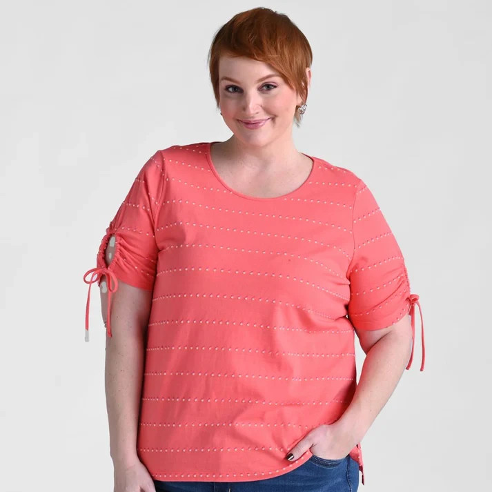 NEW CJ BANKS Women's Textured Dot Striped Tie Sleeve Top Coral Size 2X*