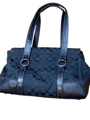 Coach Signature Hampton Flap Satchel Shoulder Bag Black Canvas