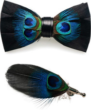 Handmade Feather Pre-Tied Bow Tie and Brooch Set for Men