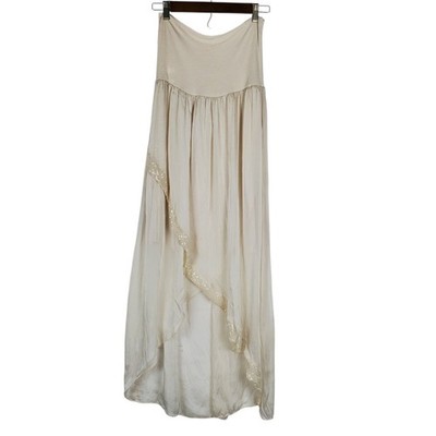 Tempo Paris 100% Silk High Low Maxi Skirt Size L Beige Sequin Fairy Fold Over