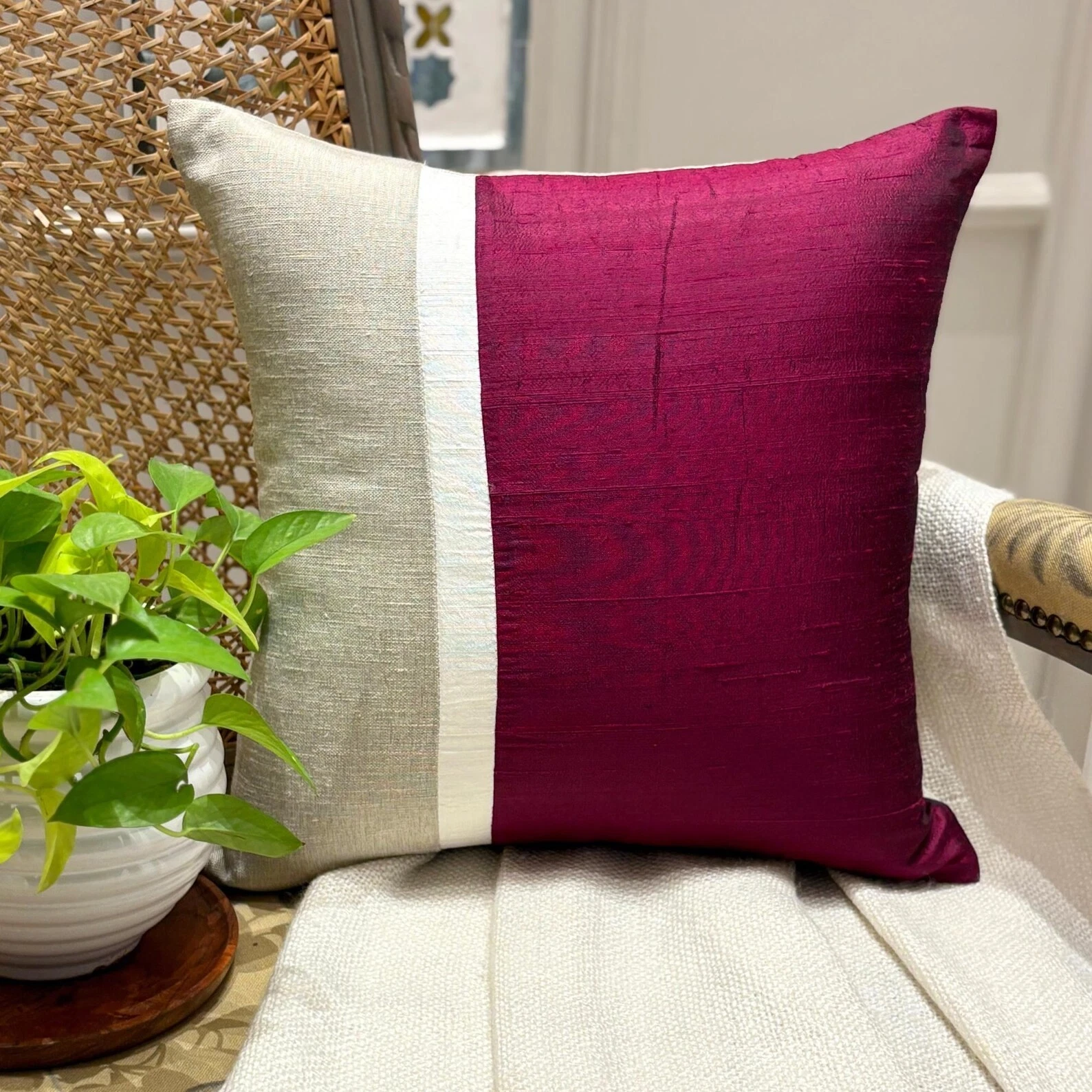 Cranberry Silk Linen Patchwork Colorblock Pillow Cover - Cranberry Silkastic
