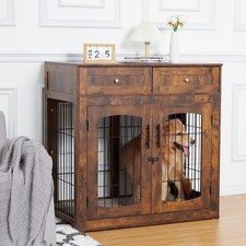 Wooden Dog Crate Table w 2 Drawers  Cushion,3 Door Furniture End Table for Dogs
