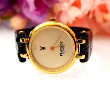 Vintage Playboy Damenuhr Quartz 20mm Goldfarben Original Lederarmband 1A24L