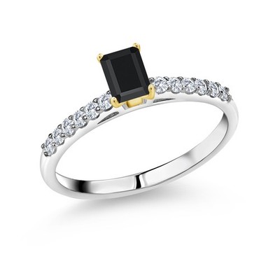 0.74 Ct Black Onyx E-F Lab Grown Diamond 925 Silver and 10K Yellow Gold Ring
