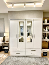 Ready Assembled 4 Door Wardrobe With Mirror And Drawers Bedroom Storage In White