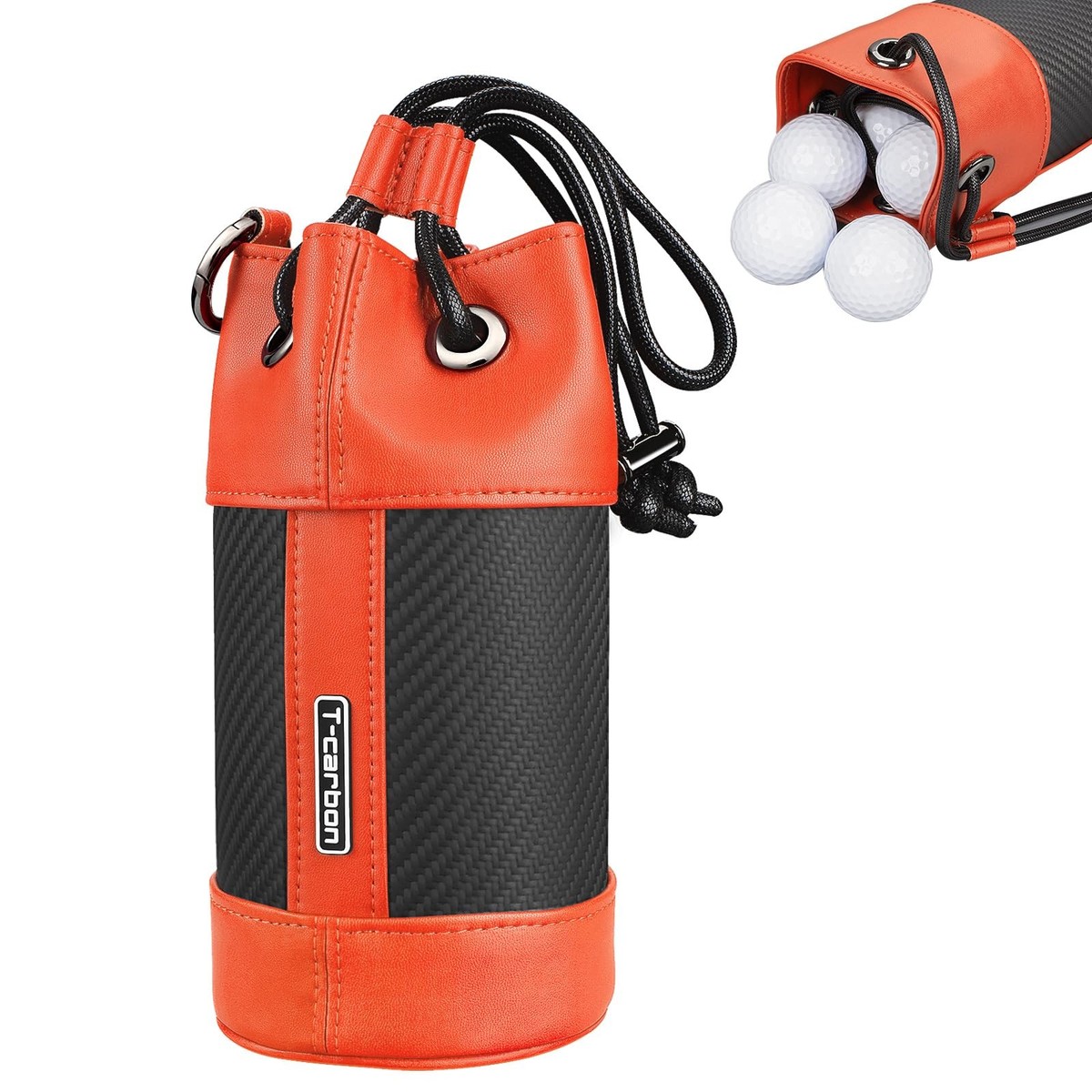 Orange Carbon Fiber Leather Bucket Golf Ball Pouch Drawstrings