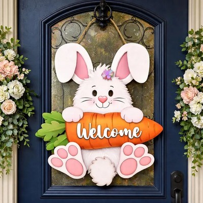 Easter Bunny Welcome Sign Painted Wood Door Decoration 12x12 inch