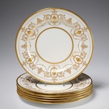 Mintons Gold Gilt Adam Style Scrolls Laurel Leaf Chicago Burley 6 Dinner Plates