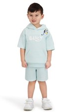 NEW NWT Boys Sz 2 Toddler Textured Light Blue Shorts Hooded Shirt BLUEY Outfit