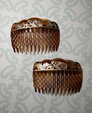 Vtg Depose France Plastic Hair Combs Tortoise Gold Butterfly Floral Accents