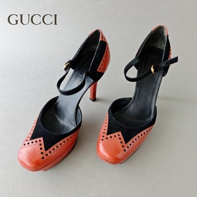Gucci Ankle Strap Pumps Red Black Leather Suede Women's Size EU36.5/US6.5