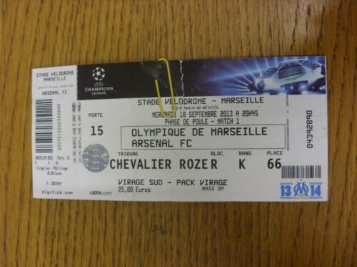 18/09/2013 Ticket: Marseille v Arsenal [Champions League] (complete, folded & wo - Afbeelding 1 van 1