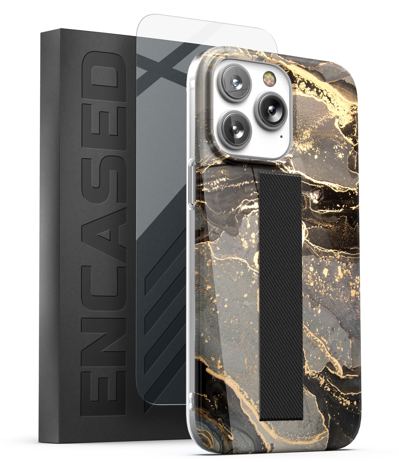 iPhone 14 Pro Max Case with Strap Hand Holder Loop Phone Case - Black Marble