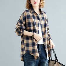 Ladies Cotton Plaid Shirts Blouse Top Casual Loose Baggy Oversized Vintage Retro
