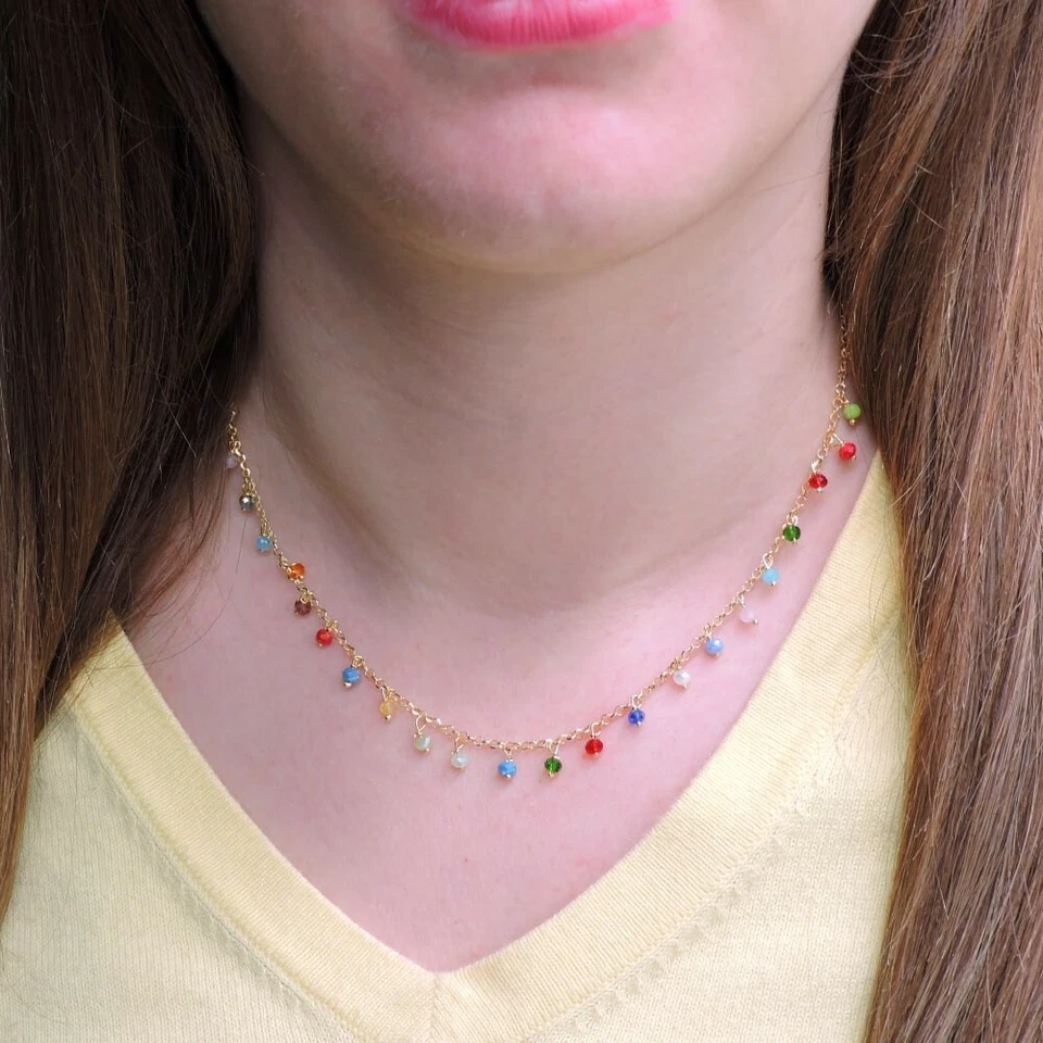 Collana in Argento 925 Placcato Oro Giallo con Zirconi Multicolore Pendenti - Immagine 2 di 4