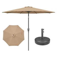9' Patio Umbrella with 50lbs 20" Capacity Fillable Round Base 8 Sturdy Ribs Tan