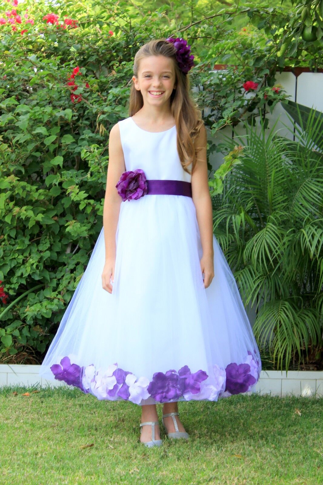 Satin Floral Rose Petals White Tulle Flower Girl Dress Wedding Pageant  Birthday