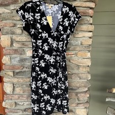 KORS Michael Kors Womens Black White MED Tie Waist Dress Floral Gold V-Neck NWT