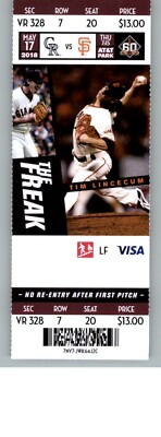 Colorado Rockies vs San Francisco Giants 5/17/2018  Full Ticket - Tim Lincecum