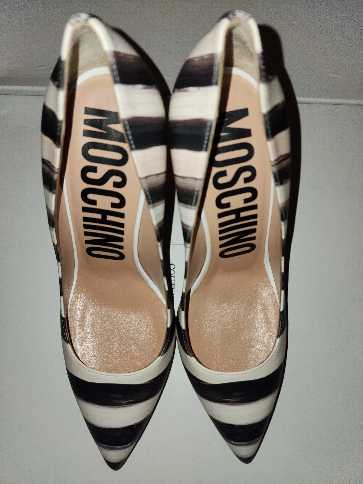 MOSCHINO 39 5 US 7 5 scarpe couture in pelle nera décolleté tacchi a righe strega trucco