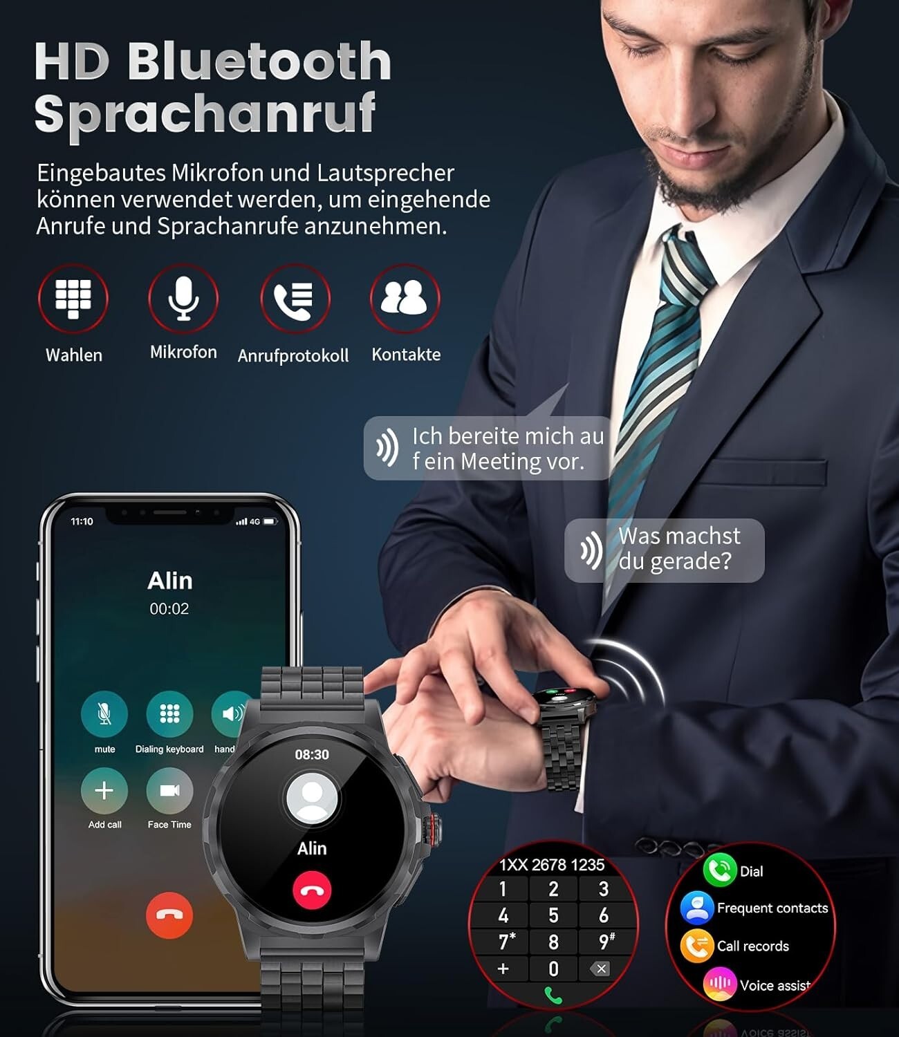 Smartwatch Herren mit Telefonfunktion Armbanduhr Sportuhr iPhone Samsung Huawei