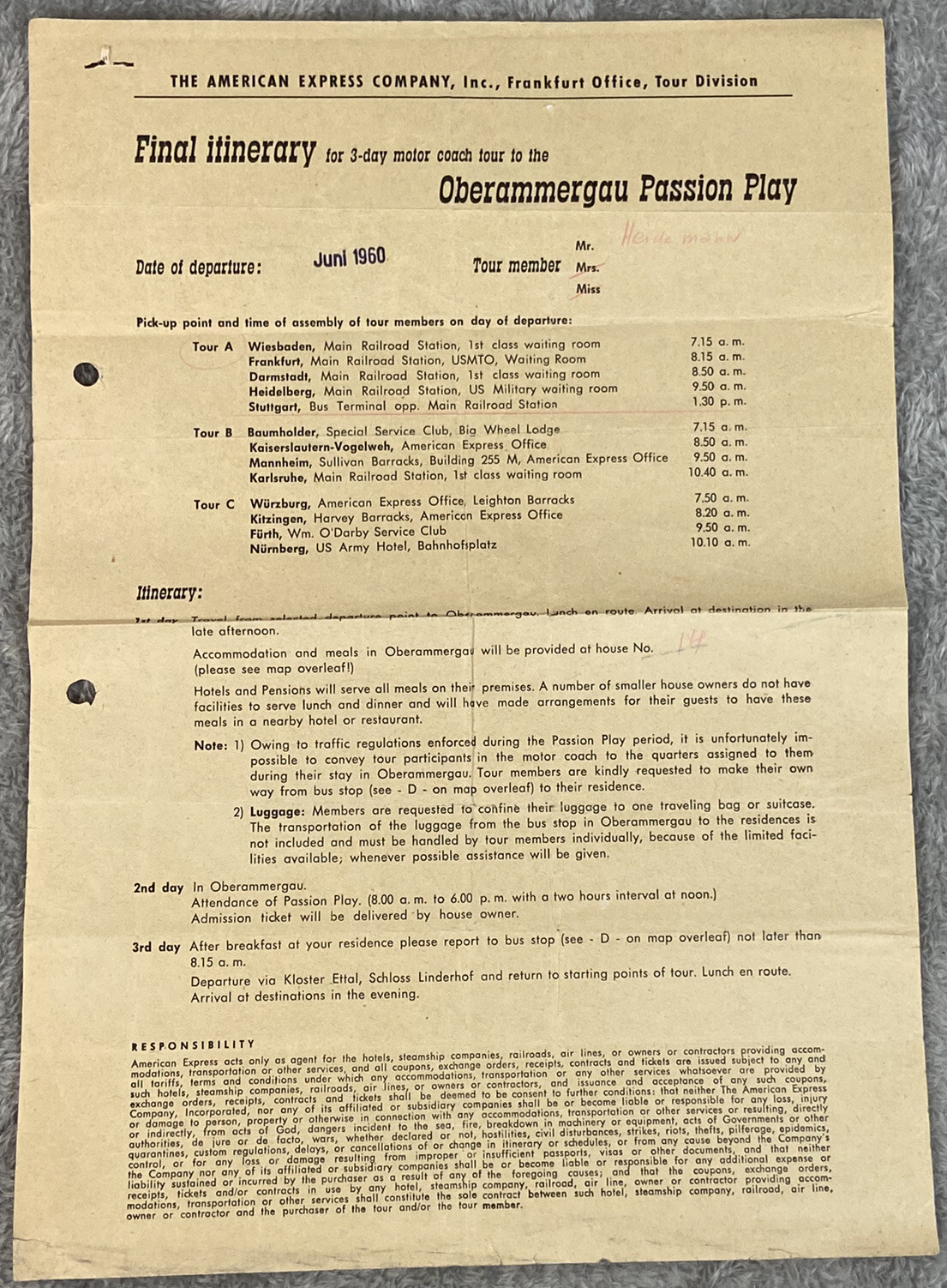 Pamphlet Header Vintage Brochure & Final Itinerary Oberammeragau, Germany Passion Play ...