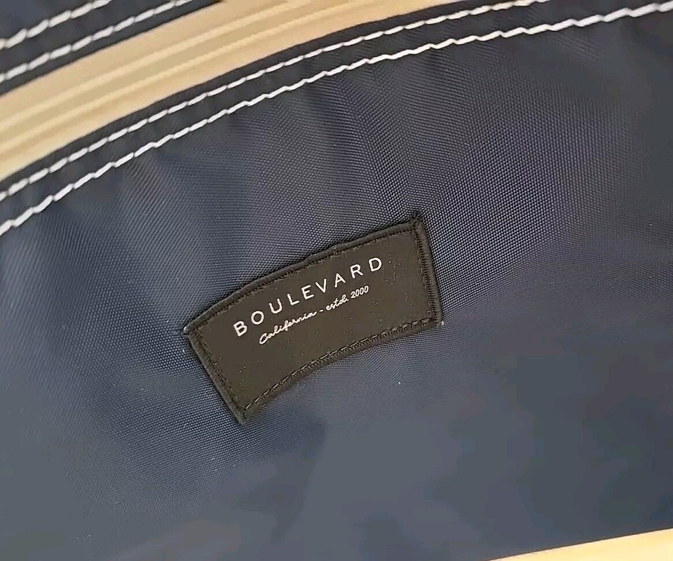 Boulevard Cream Navy Canvas Tote Leather Bag Boat Beach 19x13 eBay