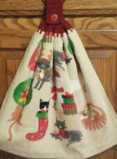 Double hanging kitchen towel Christmas cats stocking lights crocheted red top