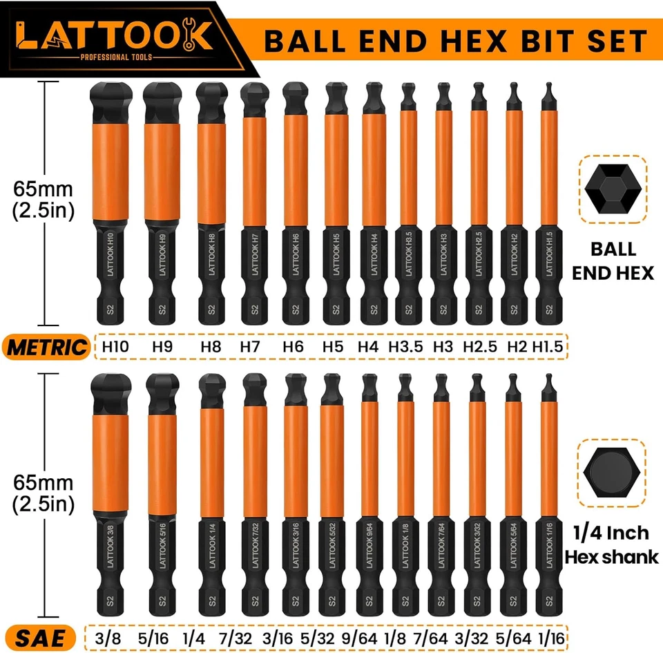 Ball End Hex Head Allen Wrench Drill Bit Set, 24PCS 2.5 Inch Metric & SAE Sizes - Image 2 of 4