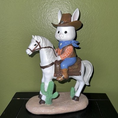 NEW Easter Bunny Cowboy White Rabbit Riding Horse Figurine Western Decor