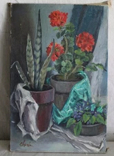 BIG 24" OIL PAINTING RED GERANIUM PLANTS SIGNED VINTAGE FLOWERS HOUSE PLANTS