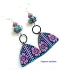 Pink Purple Flowers on Blue Statement Earrings Handmade Colorful Flowers Sterlin — photo 3