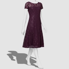 SLNY Women's Purple Sequins Lace Illusion Round Neck Short Sleeve Dress Size 8