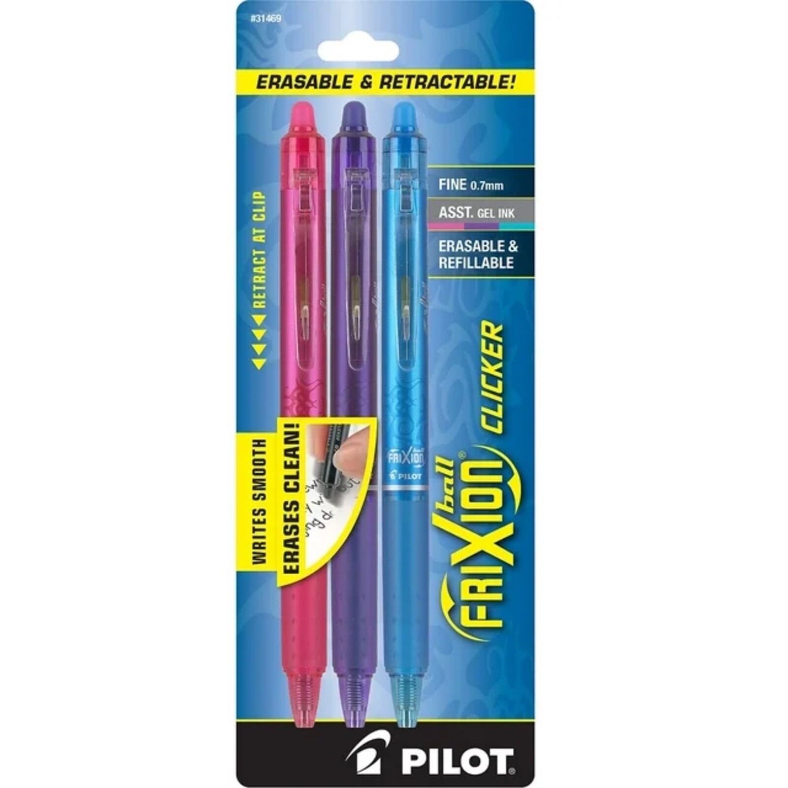 Pilot Gel Pen Frixion Clicker Retractable Assorted Erasable 3 pack 0.7mm  31469