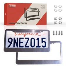 2Pcs Sliver Metal License Plate Kit  Cover With Screw Caps