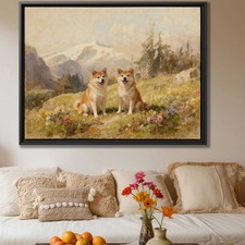 Oil Painting Akita Dog Canvas Print Floral Animal Wall Art Living Room Decor