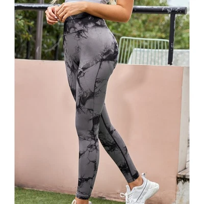MARKENLOS Tie Dye High Waist Yogahose Damen Smiling Peach Gym Leggings Schwarz Grau L