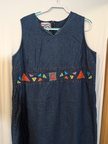 Abito donna denim senza maniche vintage anni 90 Country Wear disegno floreale taglia 2X - Foto 3 di 7