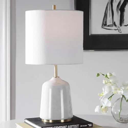 Modern Accent Table Lamp 20" High White Gray Marble Drum Shade Living Room House - Picture 1 of 7
