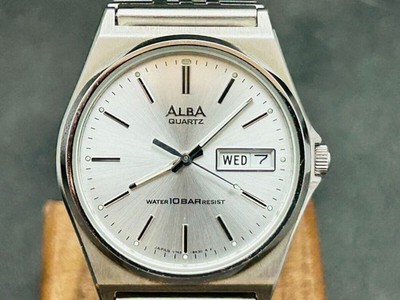 [N MINT] 1 Day Shipping SEIKO Alba V743-8A10 Day Date Silver 36mm Qz Mens Watch