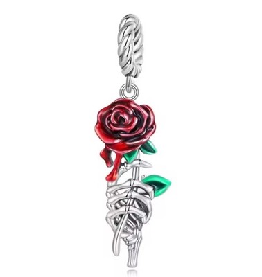 Sterling Silber 925 Skelett Hand hält Rose europäischer Charm Anhänger Geschenk