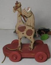 Vintage Unusual OOAK Hand Crafted Wooden Pull Toy Noah Riding Giraffe
