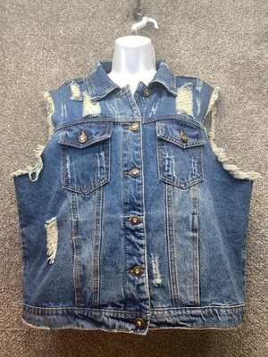 The Zig Zag Stripe Women's 1XL Blue Denim Vest Distressed Frayed Western Glam