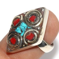 11gms Tibetan Turquoise Red Coral Nepali Tribal Ring Size US FreeSize GW