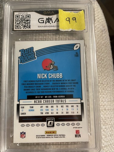 Donruss Optic 2018 - Clasificado novato Nick Chubb #158 rojo y amarillo Prizm (RC) - Imagen 2 de 2