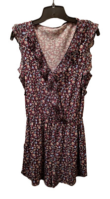 BCBGeneration Romper Women's XXS Black Burgundy Blue Stretch Floral Ruffles 