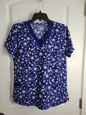 JDM Divine Stretch "Just Stellar" Stars Blue V Neck Scrub Top Women's Small