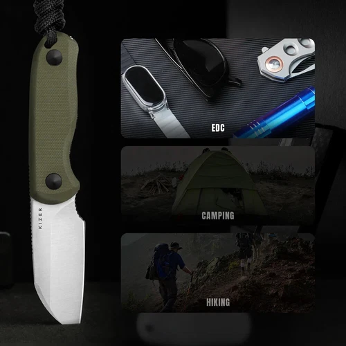 سكين Kizer Cutlery Drop Bear الثابت 2.63 بوصة AEB-L Steel Blade OD Green G10 مقبض