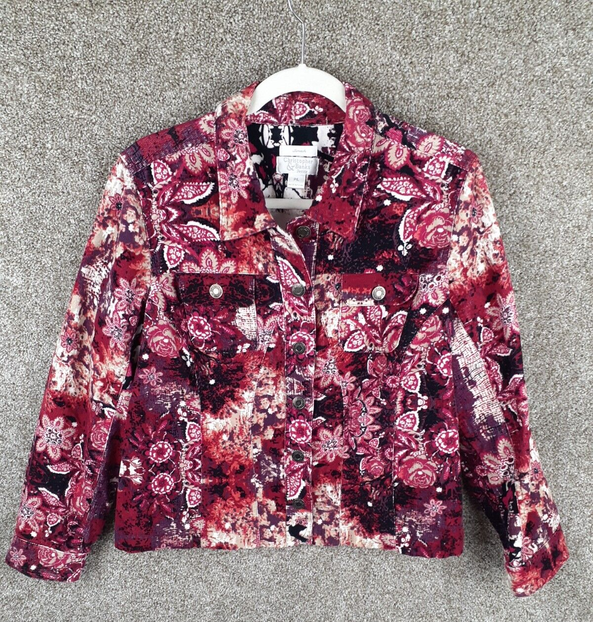 Christopher & Banks Floral Corduroy Jacket Womens L Petite Pink Button Front