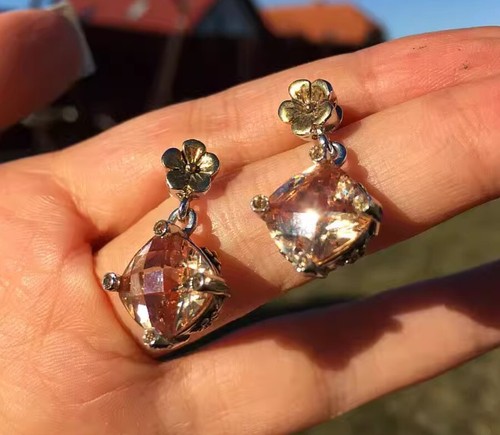 Vintage Diamond Cut Citrine Yellow Crystals Silver Gold Earrings Flower Gift Box - Picture 2 of 11